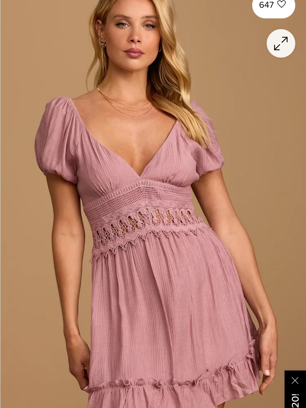 Lulu's Dusty Rose Puff-Sleeve Crochet-Waist Mini Dress